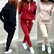 Fashion Solid Color Long Sleeve Hooded Sweatshirt + Pants Sports Suit