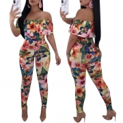 Sexy Off-shoulder Boat Neck High Waist Printed Wide-leg Jumpsuits