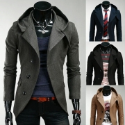 Fashion Solid Color Long Sleeve Hooded Single-breasted Men's Coat