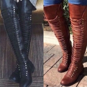 Fashion Solid Color Round Toe Flat Heel Lace-up Over-the-knee Boots