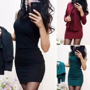 Elegant Solid Color Long Sleeve Coat + Sleeveless Tight Dress Two-piece Set