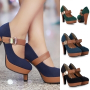 Fashion Contrast Color Thick High-heeled Round Toe Shoes