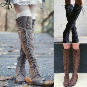 Retro Style Round Toe Flat Heel Lace-up Knee-length Boots