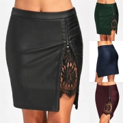 Fashion High Waist Lace Spliced Sliut Hem PU Leather Skirt 