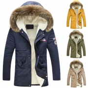 Fashion Solid Color Plush Lining Faux Fur Spliced Hooded Men's Coat