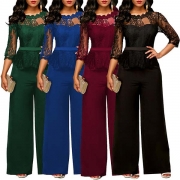 Sexy Lace Spliced 3/4 Sleeve High Waist Solid Color Jumpsuit