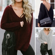 Sexy Backless V-neck Long Sleeve Solid Color Plush Sweatshirt 