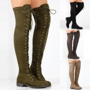 Fashion Flat Heel Round Toe Lace-up Over-the-knee Boots