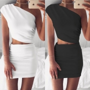 Sexy One-shoulder Crop Top + High Waist Skirt Two-piece Set
