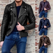 Fashion Notched Lapel Zipper Front Long Sleeve Men Faux PU Jacket