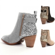 Fashion Thick Heel Round Toe Side-zipper Sequin Spliced Booties