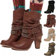 Fashion Thick High-heeled Round Toe Rhinestone Buckle Strap Boots