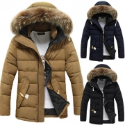Fashion Solid Color Faux Fur Spliced Hooded Men's Padded Coat
