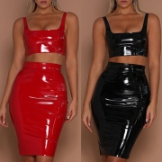 Fashion Solid Color High Waist Slim Fit PU Leather Skirt