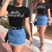 Fashion High Waist Tassel Hem Denim Skirt