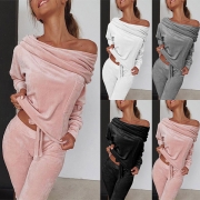 Sexy Boat Neck Long Sleeve Top + Pants Two-piece Set