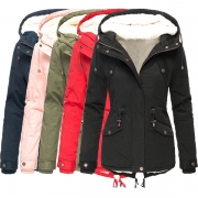 Fashion Solid Color Plush Lining Drawstring Waist Hooded Padded Coat