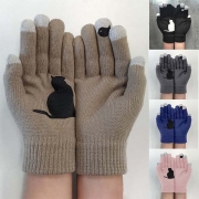 Fashion Contrast Color Cat Pattern Knit Gloves