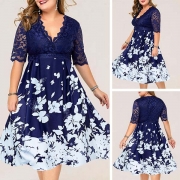 Sexy Lace Spliced Short Sleeve V-neck Printed Dress