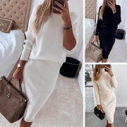 Fashion Solid Color Turtleneck Long Sleeve Knit Top + Skirt Two-piece Set