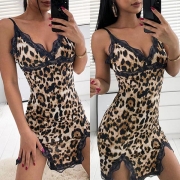 Sexy V-neck Slit Hem Lace Spliced Sling Leopard Nightwear Dress
