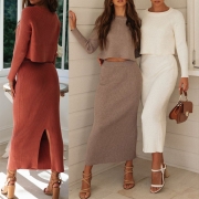 Fashion Solid Color Long Sleeve Knit Top + Slit Hem Skirt Two-piece Set