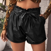 Fashion Solid Color High Waist PU Leather Shorts