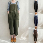 Fashion Solid Color Front-pocket Loose Overalls