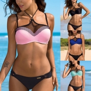 Sexy Low-waist Gauze Spliced Halter Bikini Set