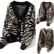 Fashion Long Sleeve V-neck Zebra-stripe Printed Knit Cardigan