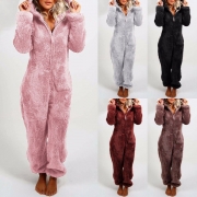 Fashion Solid Color Long Sleeve Hooded Plush Pajamas Jumpsuit