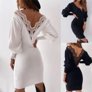Sexy Lace Spliced Backless Long Sleeve V-neck Slim Fit Dress