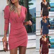 Sexy V-neck Long Sleeve Irregular Hem Solid Color Slim Fit Dress