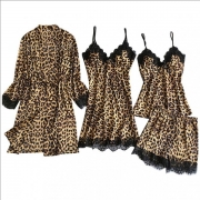 Sexy Lace Spliced Leopard Printed Nightwear Set Four-piece Set