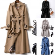 Fashion Solid Color Double-breasted Windbreaker Coat with Waist Strap