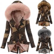 Fashion Faux Fur Spliced Hooded Plush Lining Camouflage Printed Padded Coat