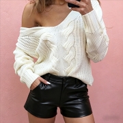 Fashion Solid Color Long Sleeve V-neck Hollow Out Knit Sweater
