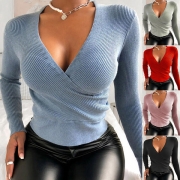 Sexy V-neck Long Sleeve Solid Color Slim Fit Knit Top