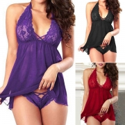 Sexy Backless V-neck Lace Spliced Halter Nightwear Dress