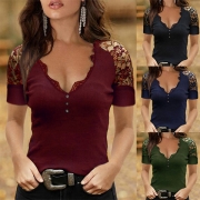 Sexy Lace Spliced Short Sleeve V-neck Solid Color Slim Fit T-shirt