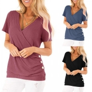 Sexy V-neck Side-button Short Sleeve Solid Color Slim Fit T-shirt