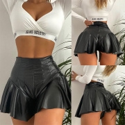 Sexy High Waist Ruffle Hem Solid Color PU Leather A-line Shorts