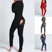 Fashion Solid Color Long Sleeve V-eck Back-button One-piece Pajama Jumpsuit