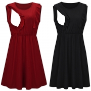 Fashion Solid Color Ruffle Cuff Sleeveless Round Neck Breastfeeding Dress