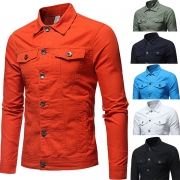 Fashion Solid Color Long Sleeve POLO Collar Single-breasted Man's Denim Coat