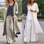 Fashion Contrast Color Long Sleeve Cardigan + Pants + V-neck Top Three-piece Set