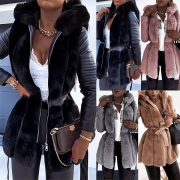 Fashion Faux Fur Spliced Long Sleeve Hooded Coat with Waist Strap