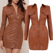 Sexy Backless Long Sleeve POLO Collar Single-breasted Slim Fit PU Leather Dress