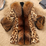 Fashion Faux Fux Spliced Long Sleeve Leopard Printed Coat