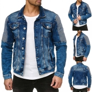Fashion Contrast Color Patch Long Sleeve POLO Collar Single-breasted Man's Denim Coat